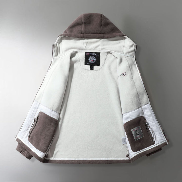 Męski microfleece outdoorowy kurtka z kaptur, wind-resistant structure i logo naszywany