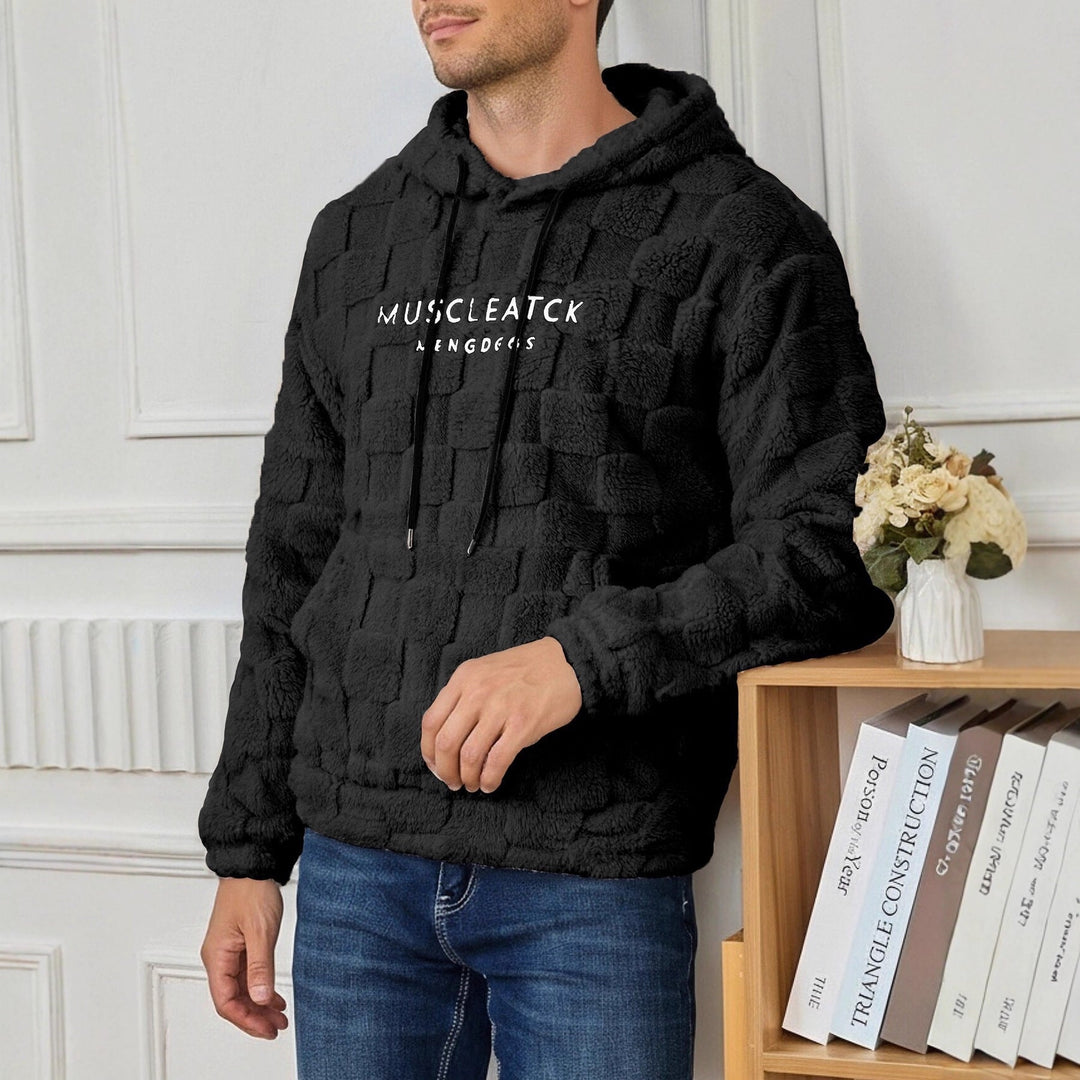 Męska fluffy Sherpa bluza z kapturem z square quilting Wzór, kieszeń kangurka i regulowany kaptur