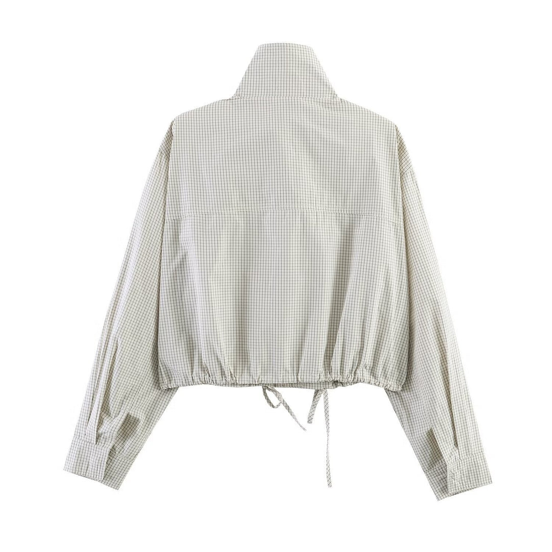 Damska krótka Windbreaker z ze stójką, Checkered Pattern i ściągaczem Lumaza