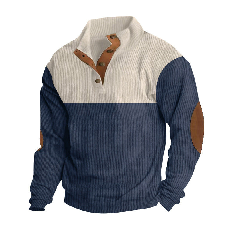 Męska Prążkowany Half-Kołnierz Henley Sweter z Listwa guzikowa i Skóra Elbow Patches