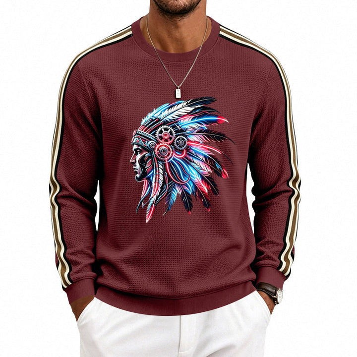 Męska bluza z feather headpiece print, waffle structure i contrasting shoulder stripes