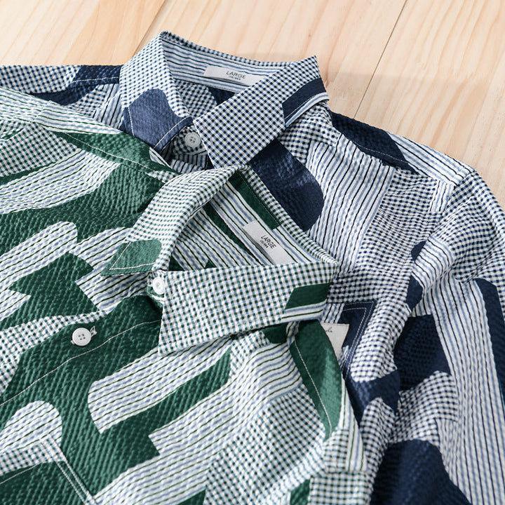 Męski Loose Patterned Bawełna Koszula wierzchnia z Crinkle Structure