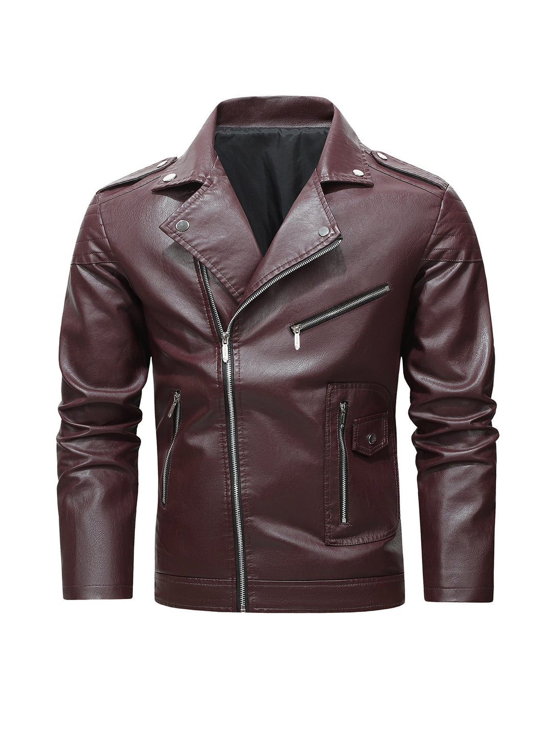 Męski biker kurtka wykonany z syntetyczna skóra z asymmetrical zamek i pikowany ramienny section