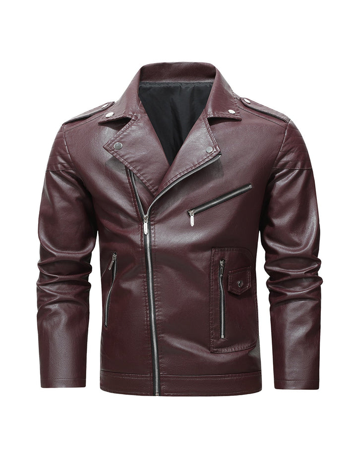 Męski biker kurtka wykonany z syntetyczna skóra z asymmetrical zamek i pikowany ramienny section