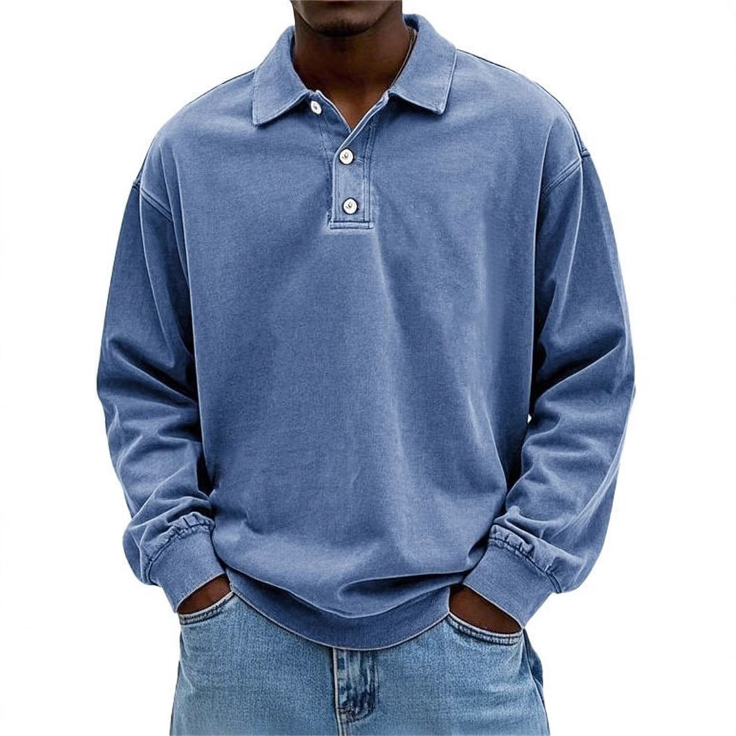 Męska Oversize Denim Wygląd Polo Bluza z Krótka Listwa guzikowa i Elastyczne mankiety EB