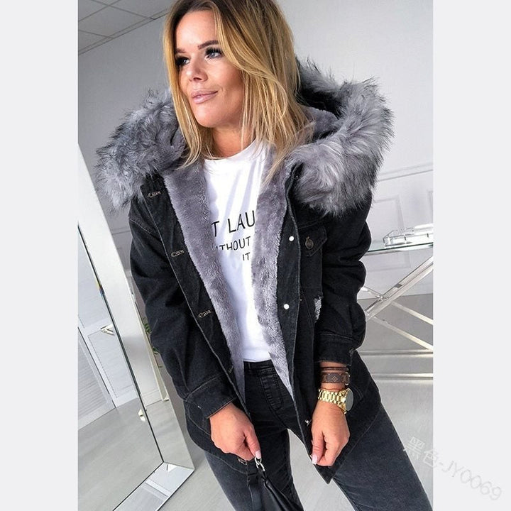 Damska oversize denimowa Parka z removable faux fur kołnierzem i used effect Lumaza