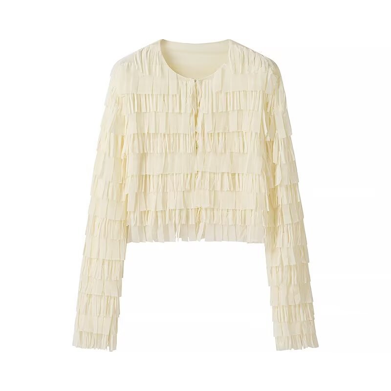Damska krótka Fringed kurtka z Layered Fringe i Tie Band Lumaza