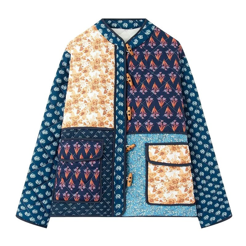 Damskie Ocieplana Patchwork Kurtka pikowana z Toggle Closures i Naszywane kieszenie