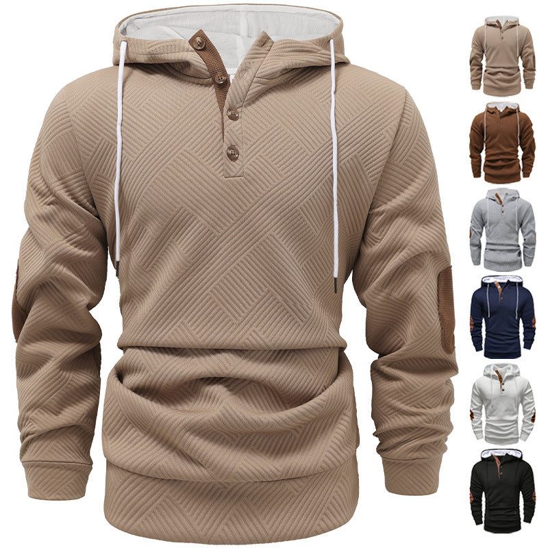 Męska strukturalny bluza z kapturem w Henley Styl z kontrastowy wykończenie i elbow patches