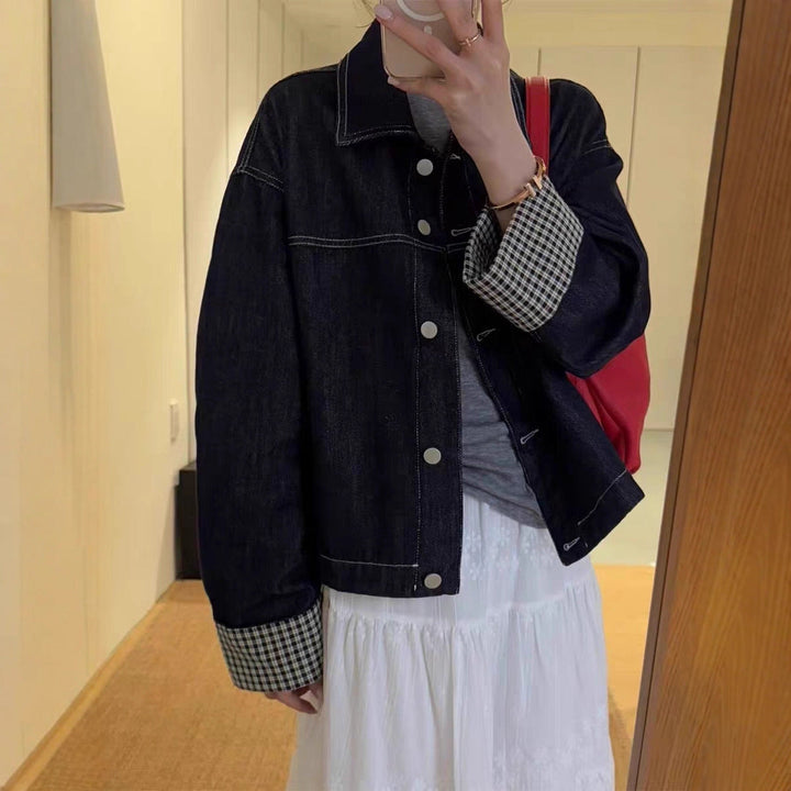 Damska oversize denimowa kurtka z Contrasting Check Lining i Cuff Roll Lumaza
