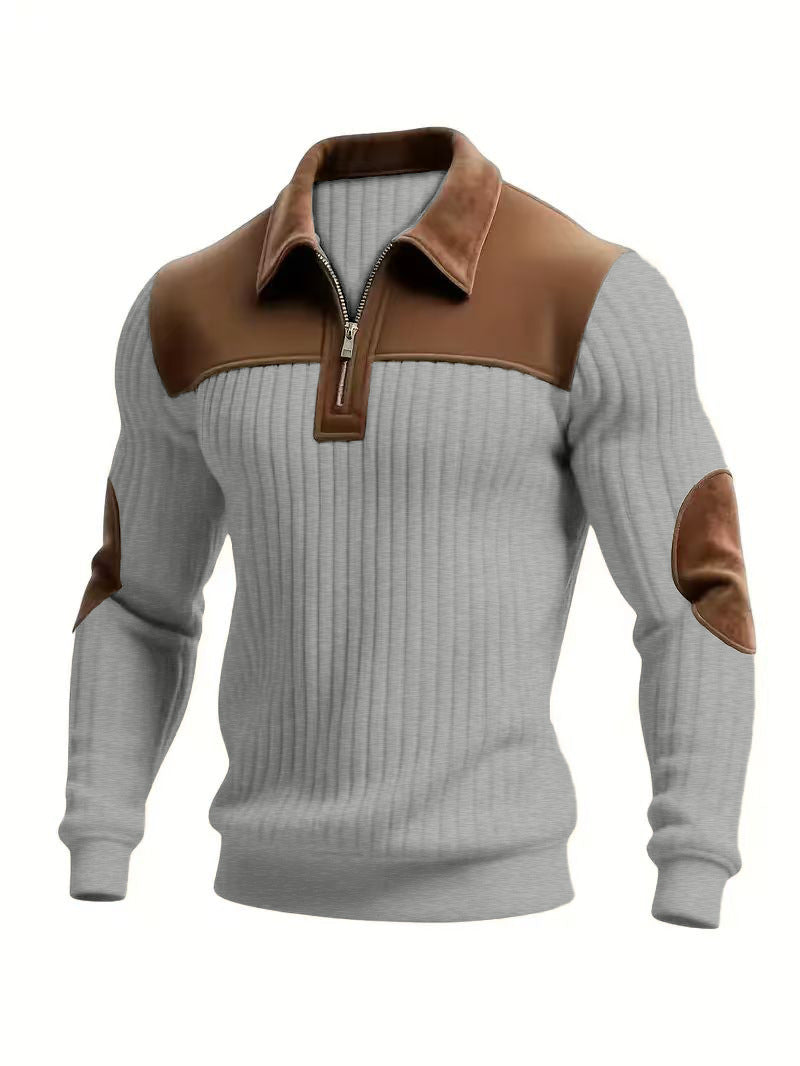 Męska prążkowany krótki zamek pulower z contrasting skóra appliqués na shoulders i elbows
