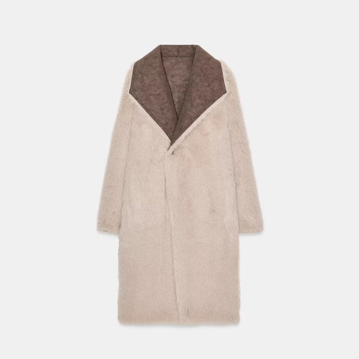 Damska Długa Sztuczne futro Shearling Płaszcz z Oversize Kołnierz szalowy i Naszywane kieszenie