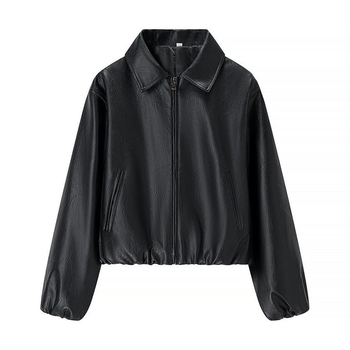 Damska krótka leather imitation blouson z zamkiem błyskawicznym i elastic dołem Lumaza