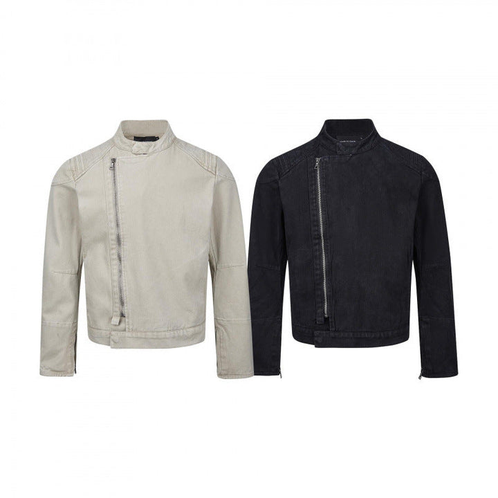 Męska Asymmetric krótka kurtka w Biker styl z stójką i Diagonal Metal zamkiem