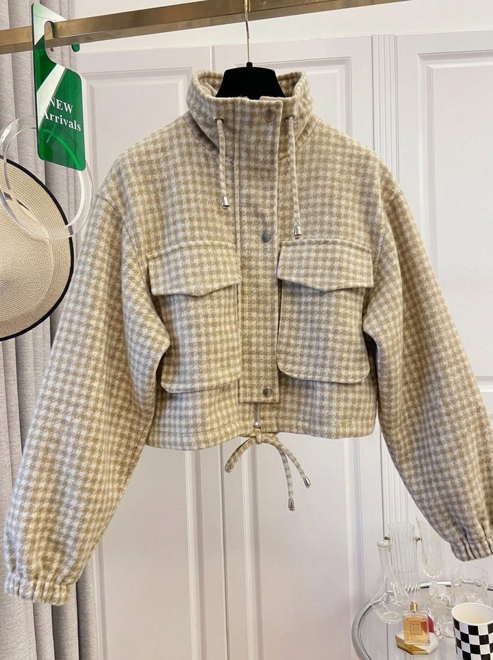 Damska Checkered krótka kurtka z stójka kołnierzem, ściągaczem i Elastic Cuffs Lumaza