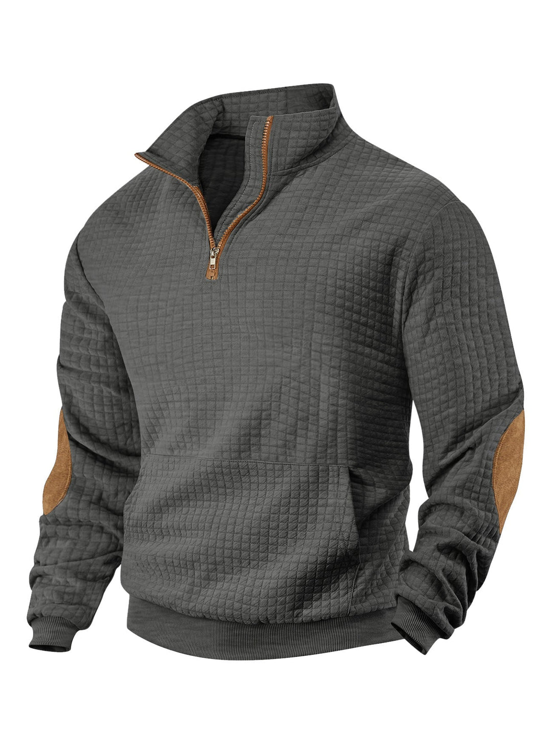 Męska waffle tekstura krótki zamek z Stójka, kieszeń kangurka, i zamsz wygląd elbow patches