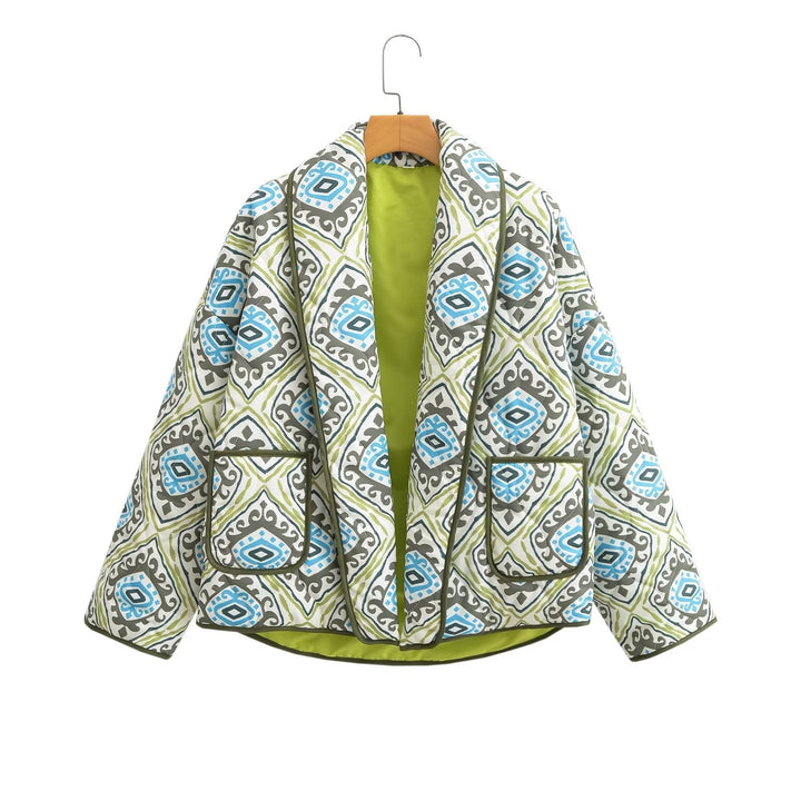 Damska pikowana kimono kurtka z Graphic Allover Pattern, Shawl kołnierzem i z naszywanymi kieszeniami Lumaza