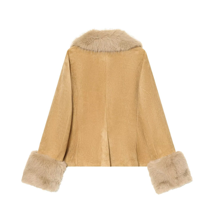 Damska krótka kurtka made of faux suede z voluminous shawl kołnierzem i fur cuffs Lumaza