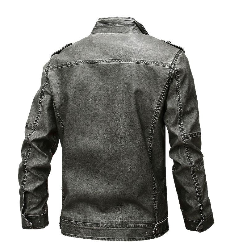 Męska vwtage-wspired biker kurtka w skóra wygląd z utility kieszeniami i stójką
