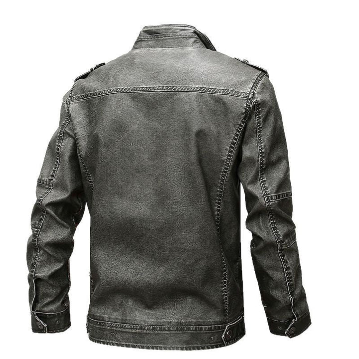 Męska vwtage-wspired biker kurtka w skóra wygląd z utility kieszeniami i stójką