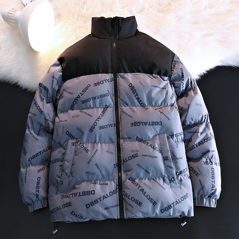 Unisex ocieplana pikowana kurtka z Allover Logo Print, High ze stójką &amp; regulowanym dołem Lumaza