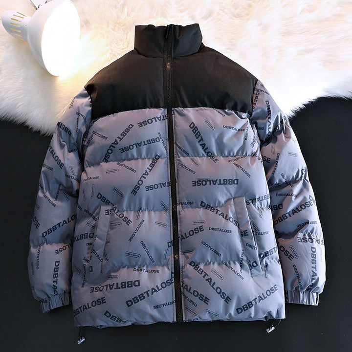 Unisex ocieplana pikowana kurtka z Allover Logo Print, High ze stójką &amp; regulowanym dołem Lumaza