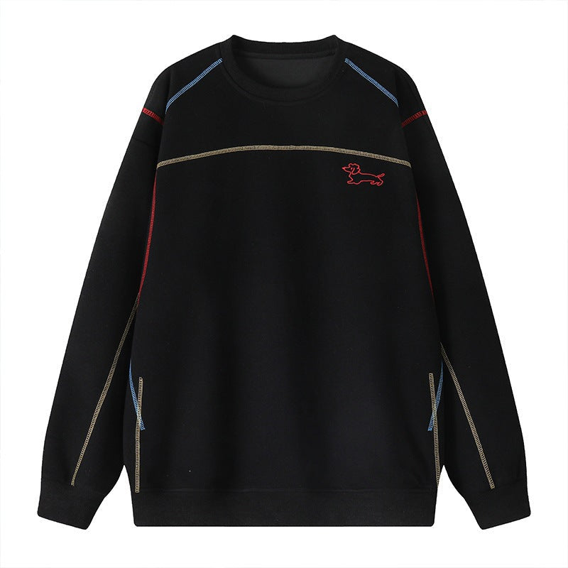 Męska bluza z colored ozdobny stitching, haftowany dog motif, i okrągły dekolt.