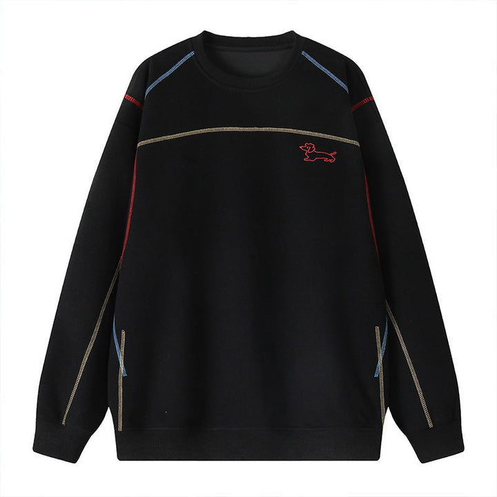 Męska bluza z colored ozdobny stitching, haftowany dog motif, i okrągły dekolt.