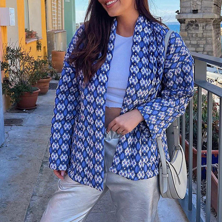 Damska wzorzysta kimono pikowana kurtka z otwartym przodem i z naszywanymi kieszeniami Lumaza