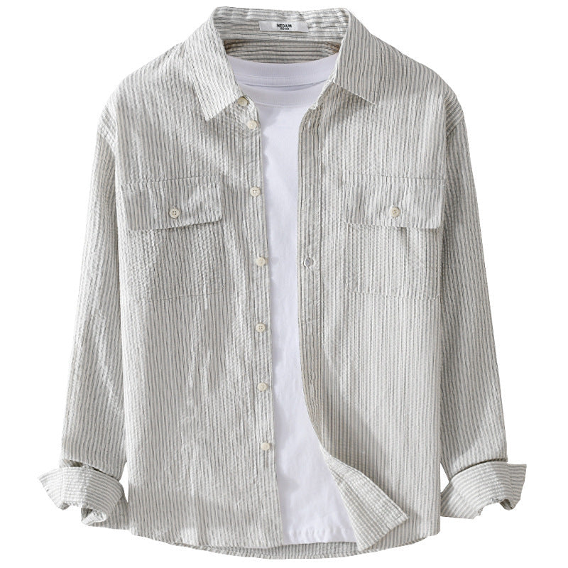 Męski Lekki Koszula wierzchnia w Pinstripe Stylizacja wykonany z Linen-Mieszanka bawełny z Naszywany Kieszenie na piersi