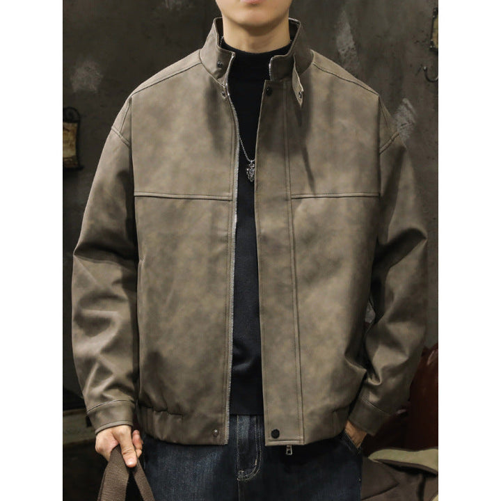 Męski Boxy Leather-Look Blouson z ukryty zamek placket, stójka, i elastic waistband