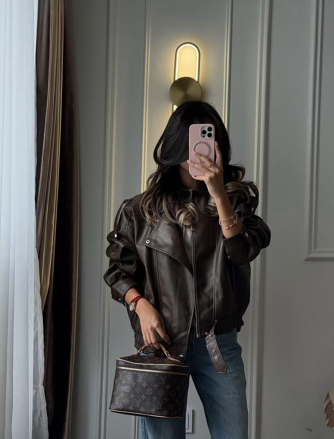 Damska oversize Leather kurtka z Asymmetrical zamkiem błyskawicznym i Wide kołnierzem Lumaza