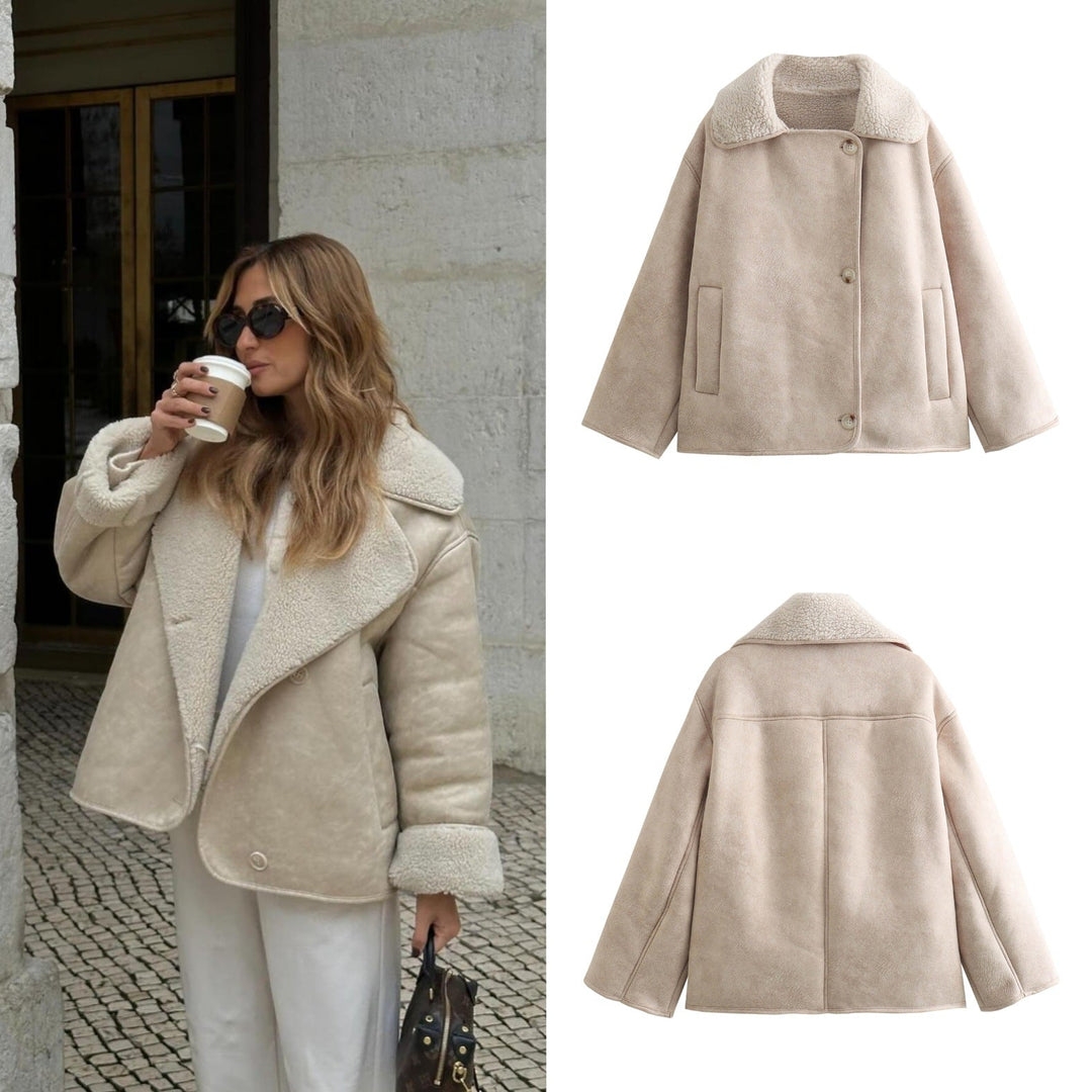 Damska boxy kurtka in Sheepskin Look z Teddy Lining i dużymi Lapel Lumaza