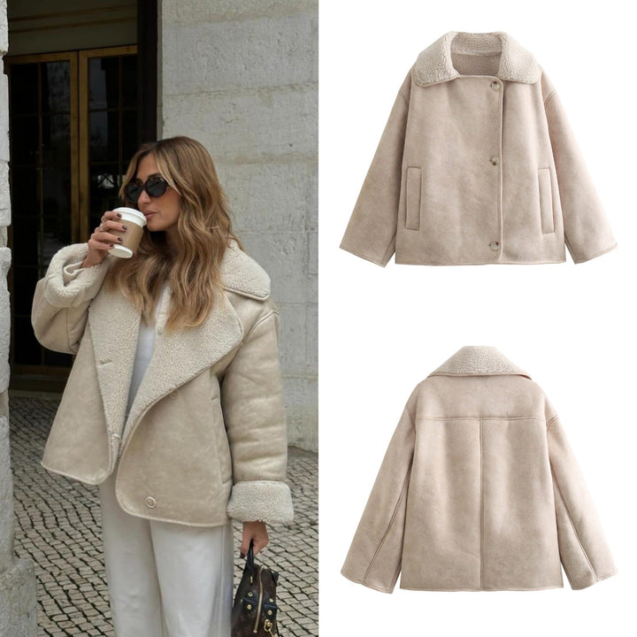 Damska boxy kurtka in Sheepskin Look z Teddy Lining i dużymi Lapel Lumaza
