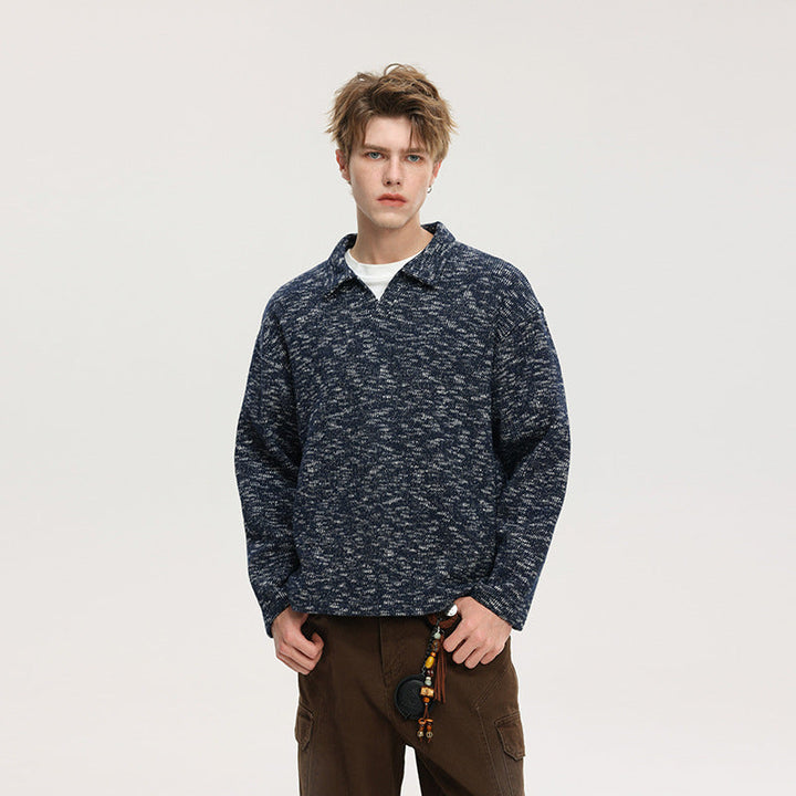 Herren Grobstrick-Kragenpullover mit V-Ausschnitt und Luźny‑Krój