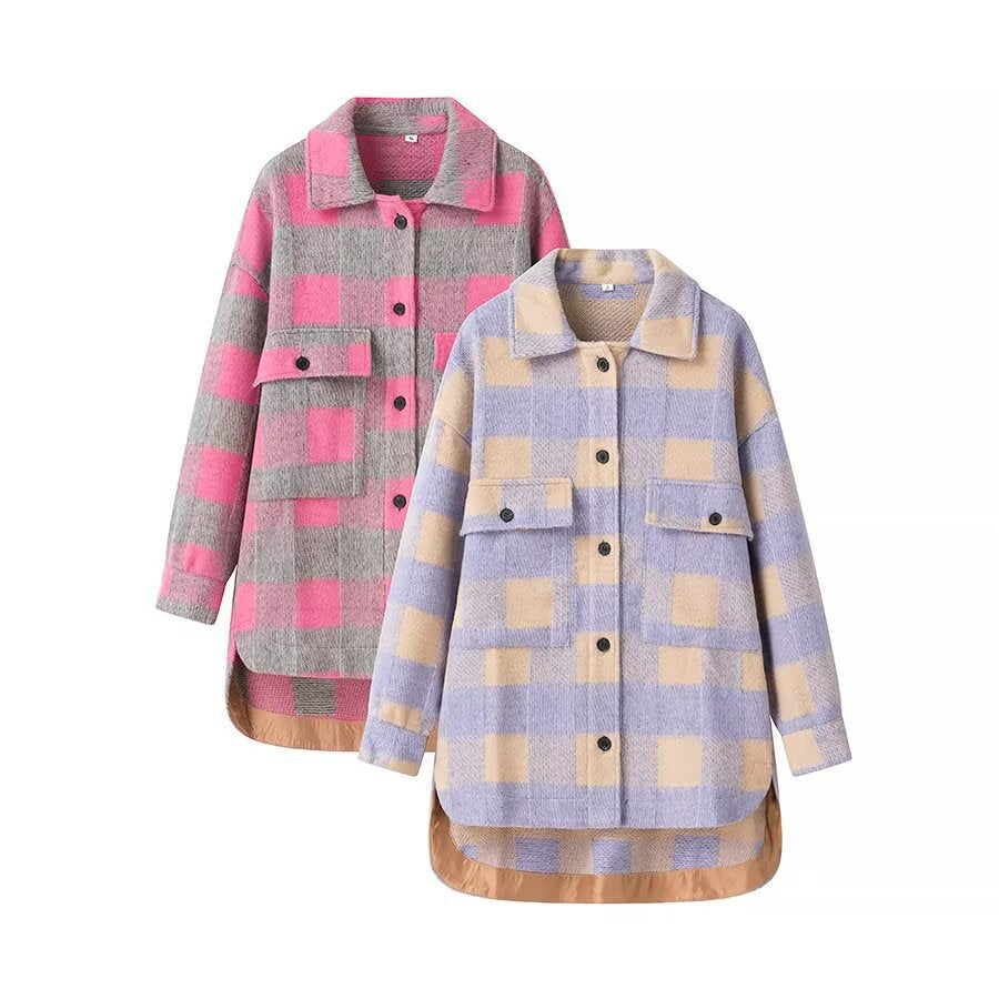 Damska oversize Check Teddy kurtka z Extended Back i naszywane Chest kieszeniami Lumaza
