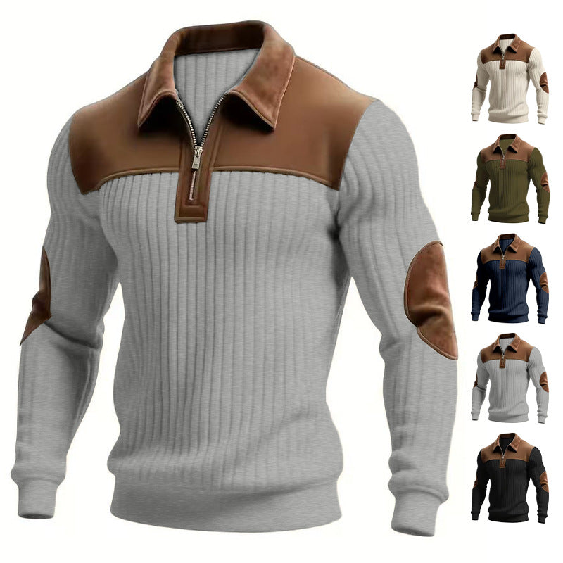Męska prążkowany krótki zamek pulower z contrasting skóra appliqués na shoulders i elbows