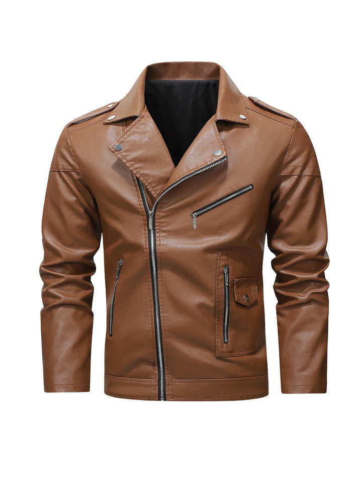 Męski biker kurtka wykonany z syntetyczna skóra z asymmetrical zamek i pikowany ramienny section