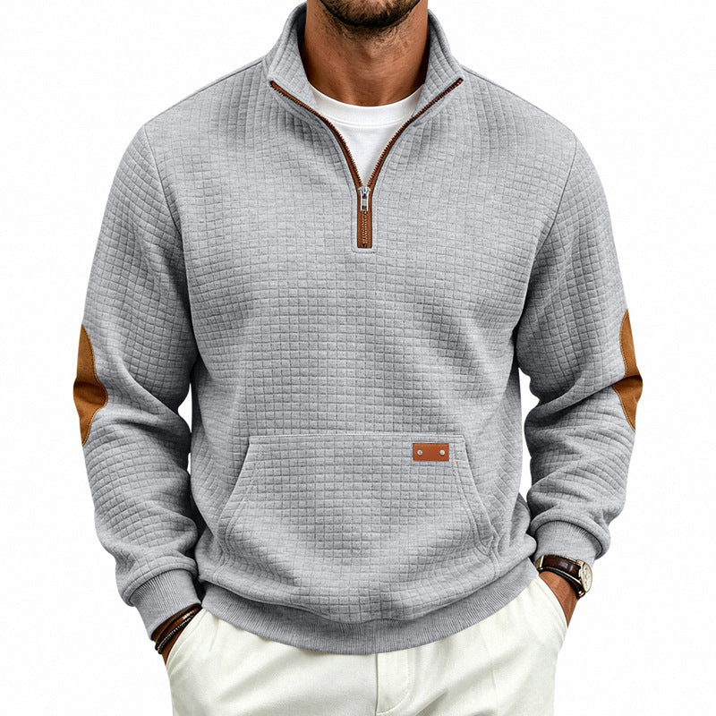 Męska Stójka krótki zamek bluza z checkered relief tekstura i imitacja skóry elbow patches