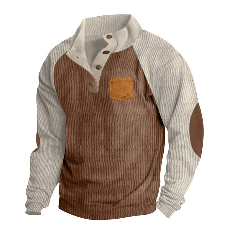 Męska Prążkowany Henley Sweter z Raglanowy Rękawy, Elbow Patches &amp; Klatka piersiowa Kieszeń