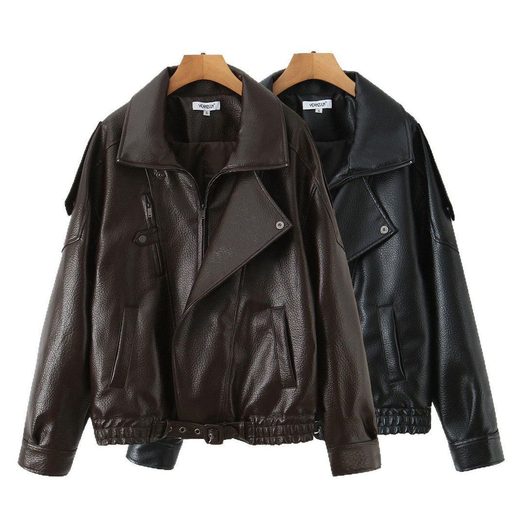Damska oversize Leather kurtka z Asymmetrical zamkiem błyskawicznym i Wide kołnierzem Lumaza