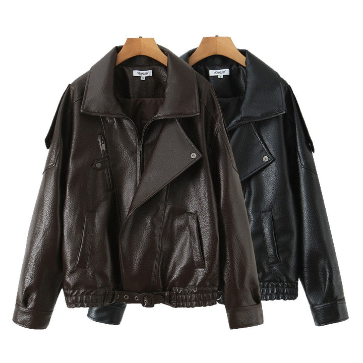 Damska oversize Leather kurtka z Asymmetrical zamkiem błyskawicznym i Wide kołnierzem Lumaza
