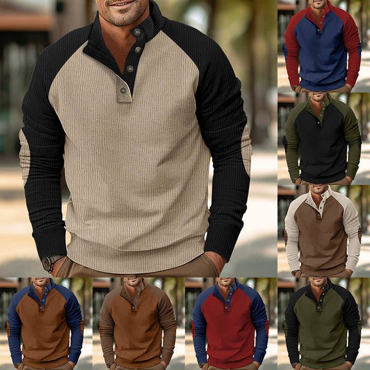 Męska Warmer Waffle Tekstura Henley Pulower z Kontrastowy Raglanowy Rękawy &amp; Stójka