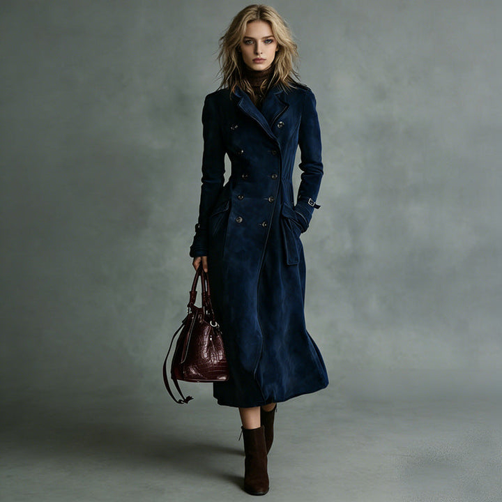 Damska długaer taliowana trencz in Suede Look z dwurzędna guzikami listwą i Buckle Cuffs Lumaza