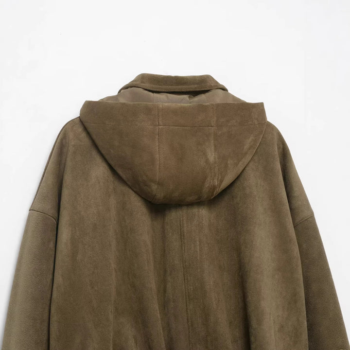 Damska oversize-krótka Suede Look kurtka z kapturem i klapką kieszeniami Lumaza