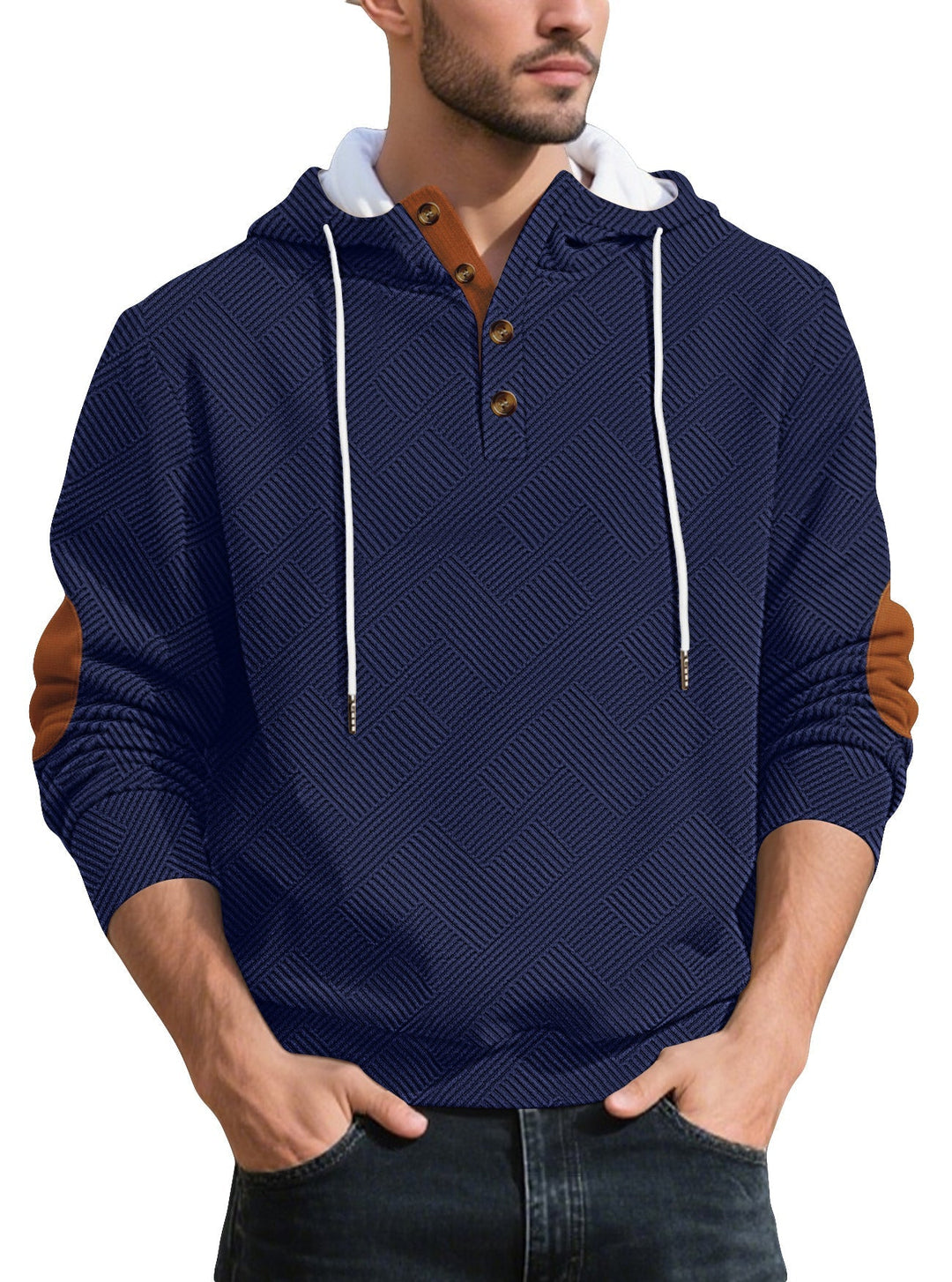 Męska strukturalny bluza z kapturem henley pulower z jacquard tekstura, Listwa guzikowa, i elbow patches
