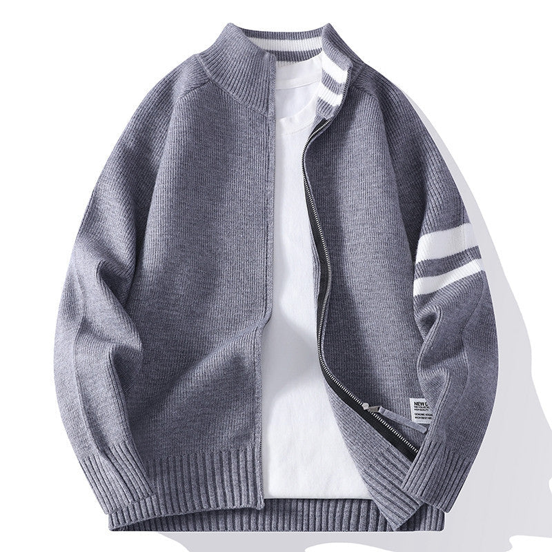 Męska dzianinowa zamek kardigan w college Styl z striped rękaw band i prążkowany Stójka