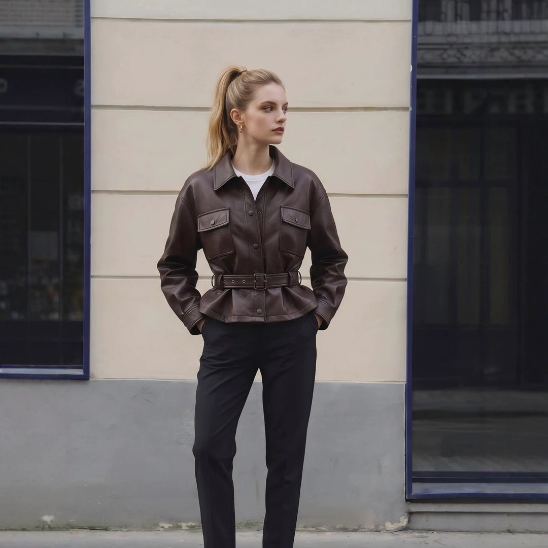 Damska leather kurtka z waist paskiem i oversize cut Lumaza