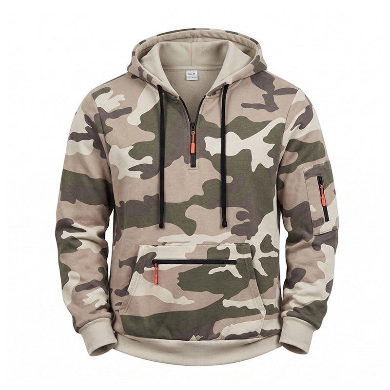 Męska Z kapturem Bluza Camouflage z Polar Podszewka, Half Zamek i Kieszenie na zamek