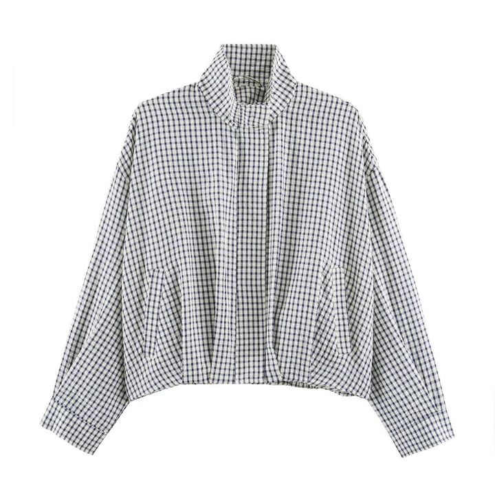 Damskie Oversize Checkered Bluzon Kurtka z Stójka